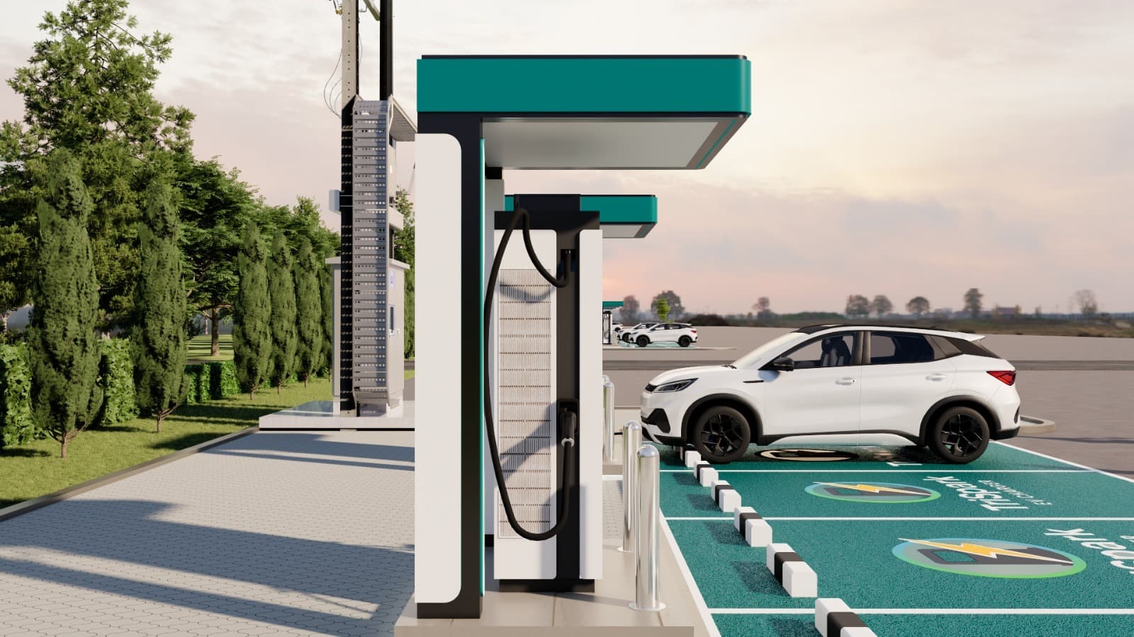 Side view of a TriSpark charger, canopy, and electric vehicle