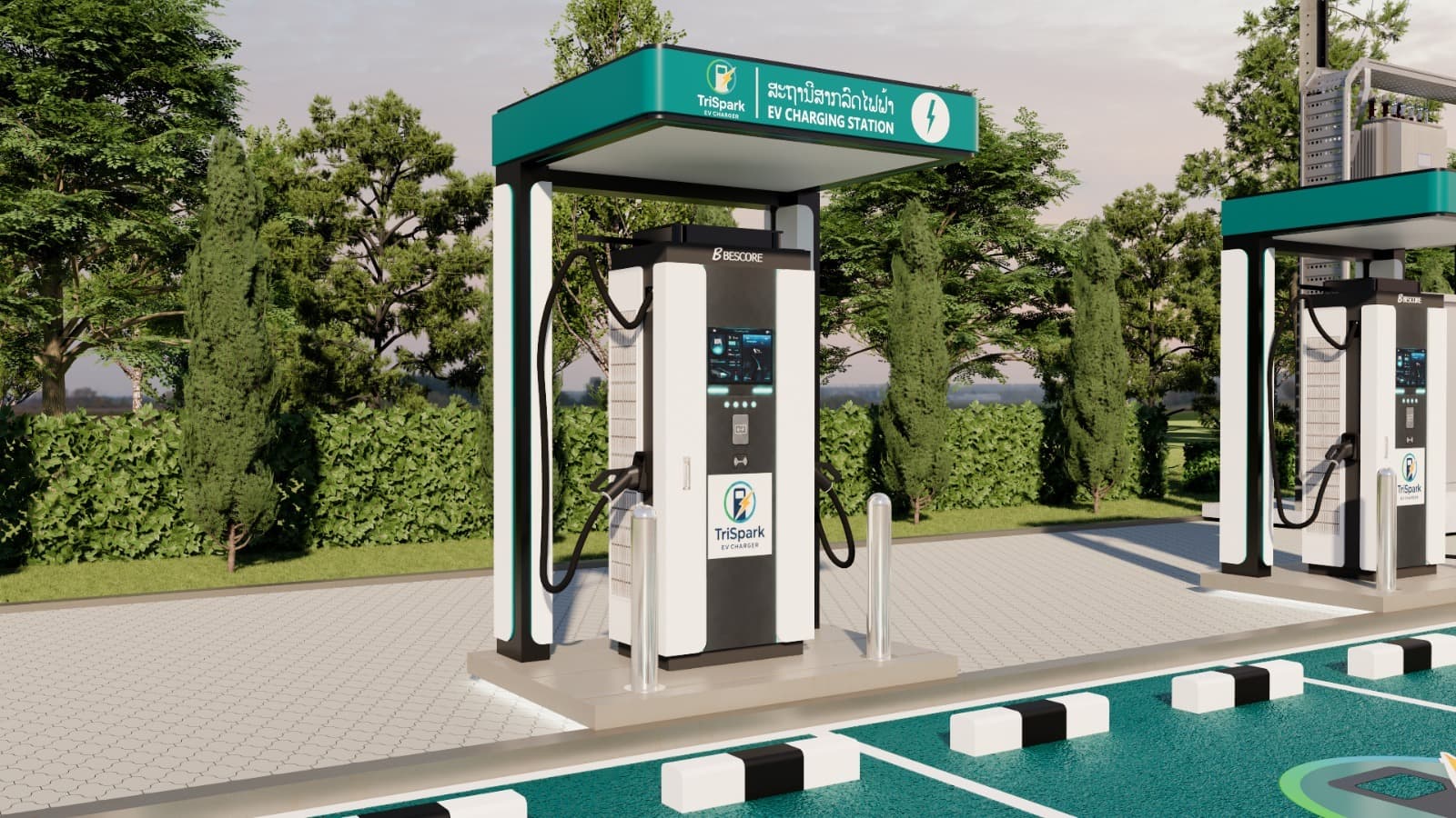 Angled close view of two TriSpark chargers beneath branded canopies