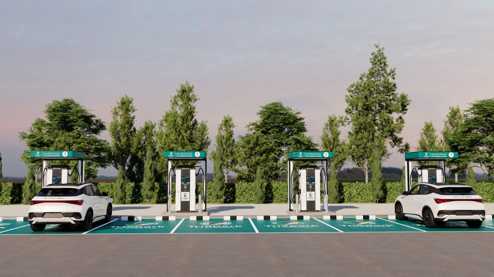 Front overview of TriSpark charging bays with two electric vehicles